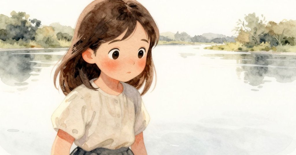 Willa近距離展現柔和笑容，手中輕輕把玩鵝卵石，臉上流露專注與溫暖情感，背景呈現河邊寧靜光線