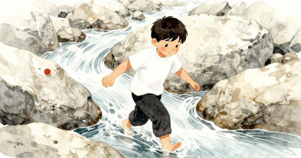 Yannick沿著河邊慢步，透過岩石縫隙觀察流水跳躍，眼中流露驚奇與專注，周圍自然光影交錯