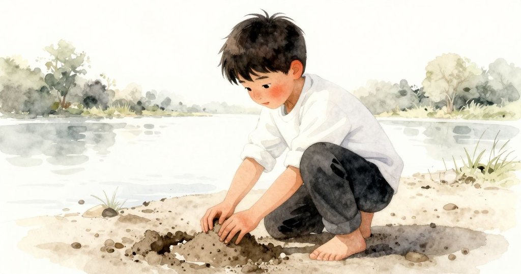 Yannick在泥岸邊仔細撿取帶根紋泥塊，雙手感受泥土觸感，陽光從晨曦逐漸過渡到溫暖光線