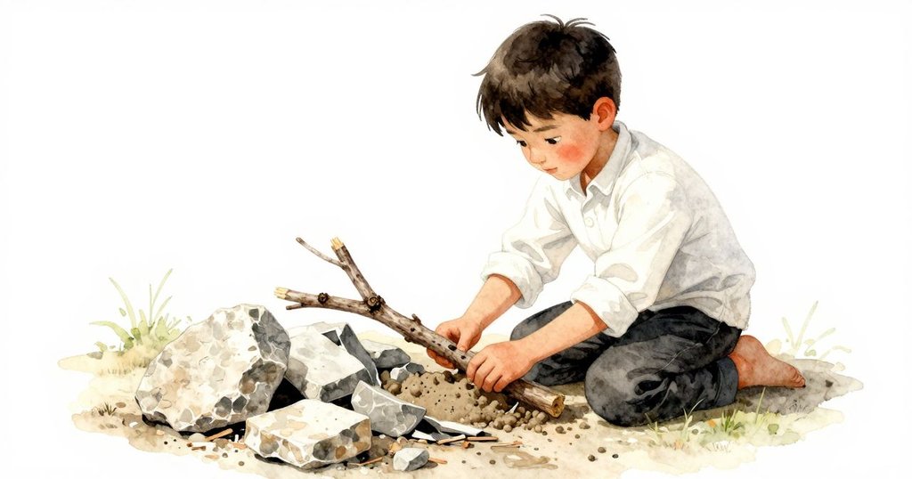 Yannick專注地將木枝搭在破碎石板上，用泥土細心修補裂縫，臉上顯現堅定，背景岩石與流水清晰