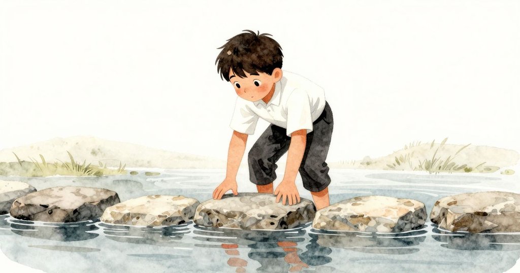 Yannick將修補好的石板緩緩沉入平靜流水中，動作從容，背景枝葉點綴，暗示著故事續行，充滿希望與寧靜