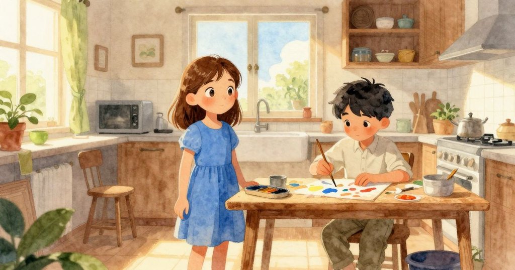 Thea在廚房桌前專注調色,Viggo靜靜站在旁邊觀看,窗外微光映入,展現溫暖家庭氣氛