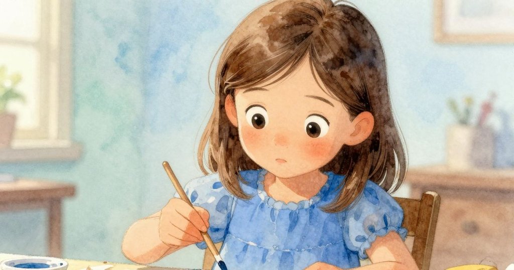 Thea正專注攪拌調色盤,臉上寫滿好奇與決心,背景可見工藝工具,溫柔燈光映襯