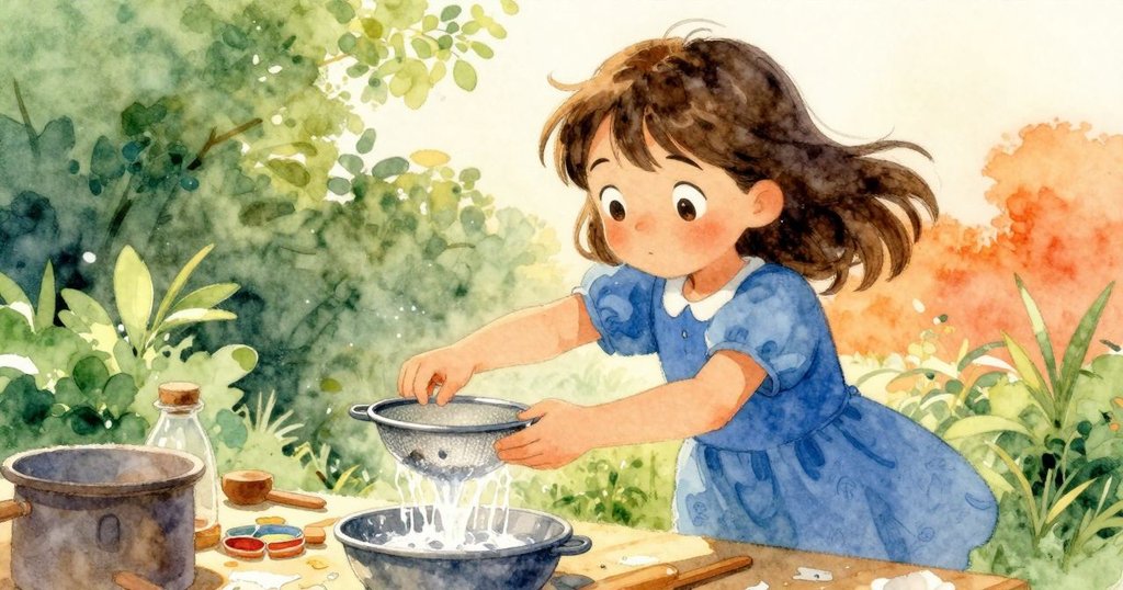 Thea手拿濾網倒出水流,工藝棒和顏料散落桌面,展現動感與創作活力,燈光溫暖