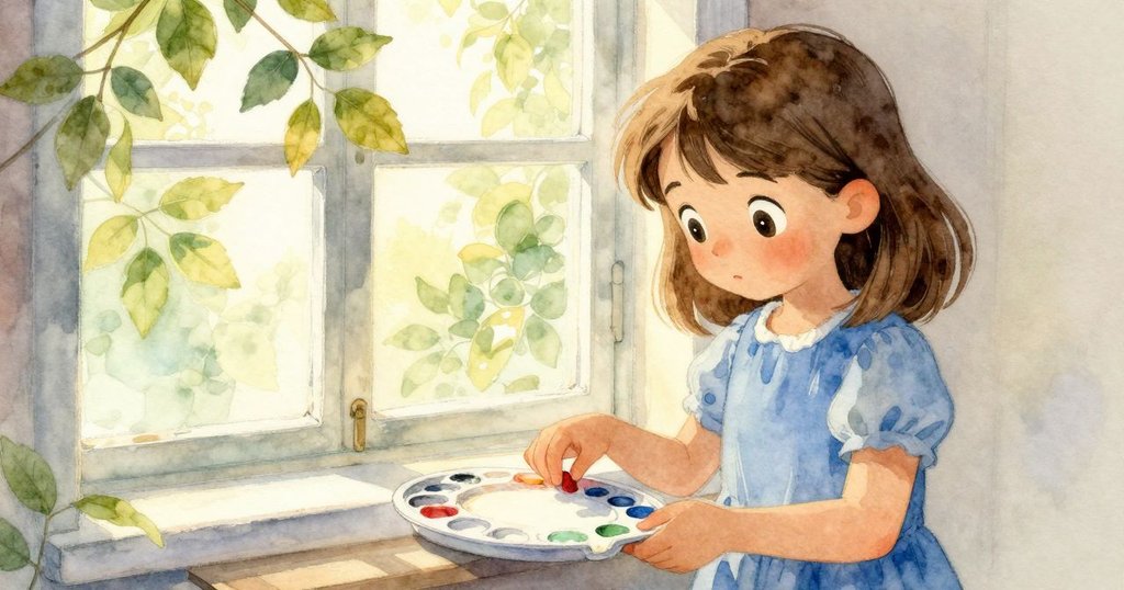 Thea靠近調色盤仔細觀察新綠色,窗外透入溫柔陽光與淡淡樹葉影像,充滿季節感