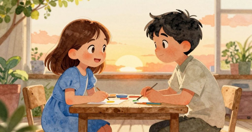 Thea與Viggo於工藝桌前共享成功喜悅,彼此微笑與點頭,溫暖燈光映襯下充滿默契