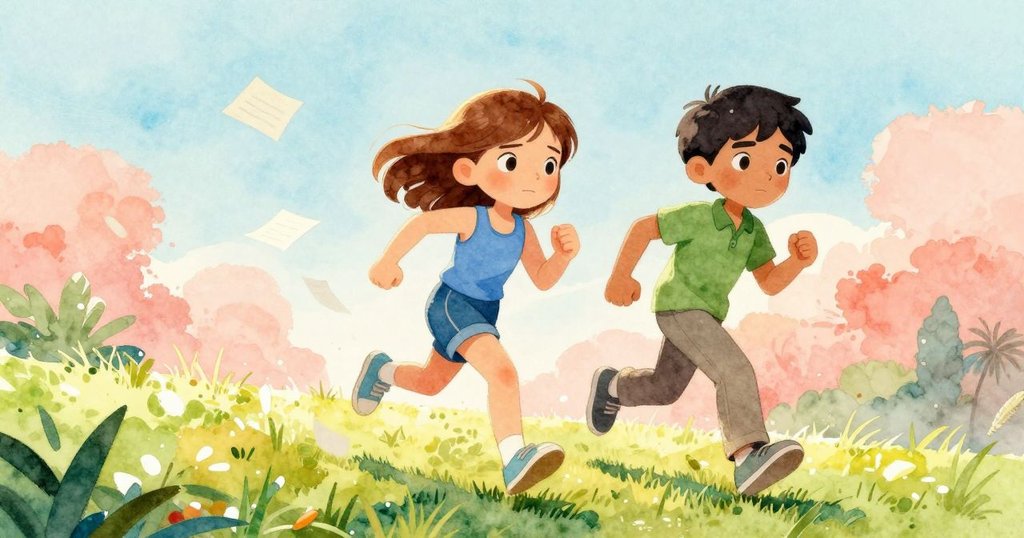 亞絲翠在草坡上奔跑揮舞紙張, 賽勒斯在背後跟隨, 清晨露水中充滿朝氣, 展現冒險開始