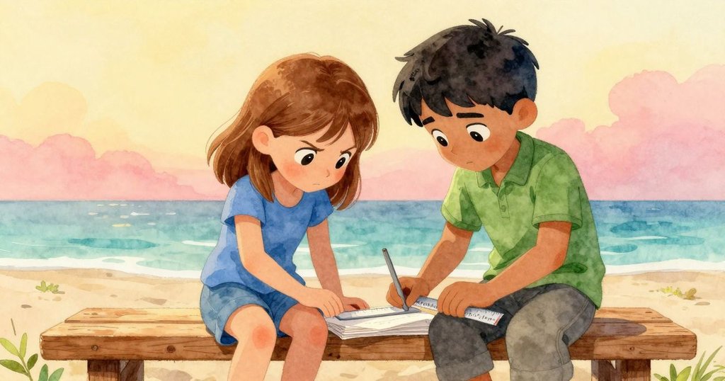 亞絲翠與賽勒斯於木凳旁細看木尺與紙堆,專注備折紙飛機,光線柔和,環境自然