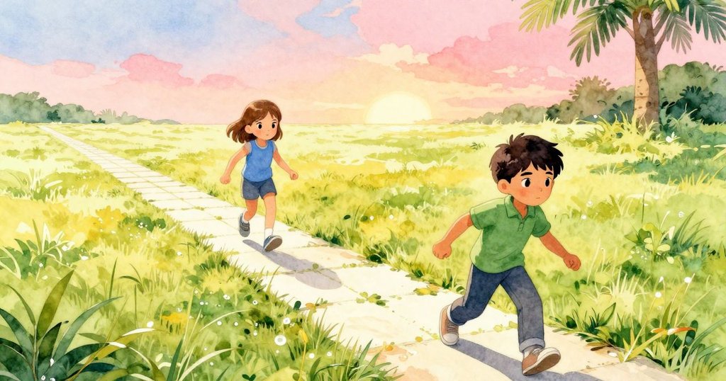 遠處平坦草地灑滿陽光,亞絲翠與賽勒斯邁向發射線,草地剛除露珠,溫暖氣息瀰漫