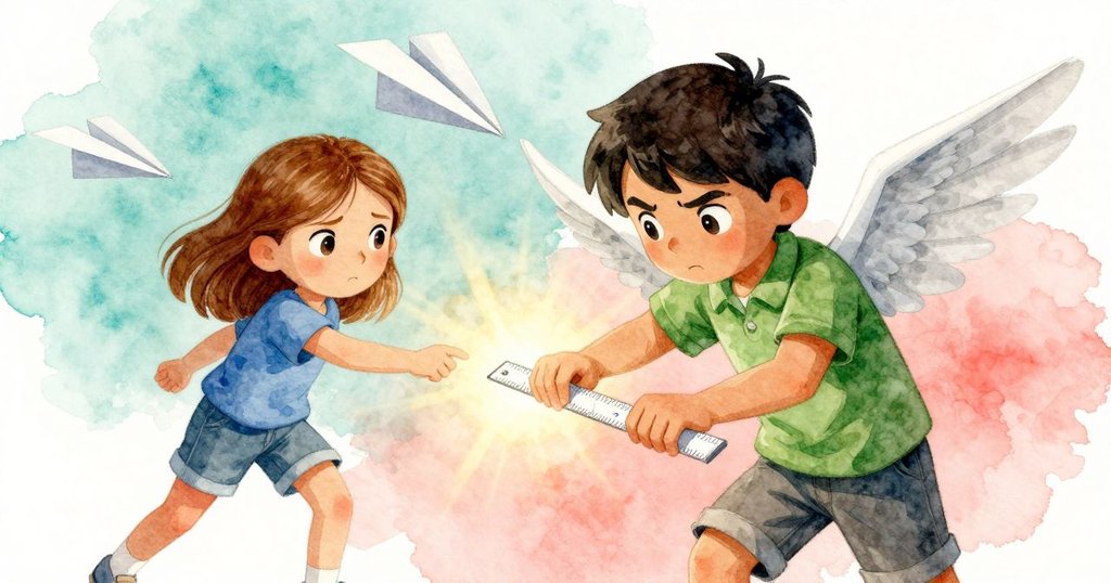 亞絲翠與賽勒斯全神貫注協作,一人按尺一人調整紙翼,紙飛機起飛瞬間充滿緊張感