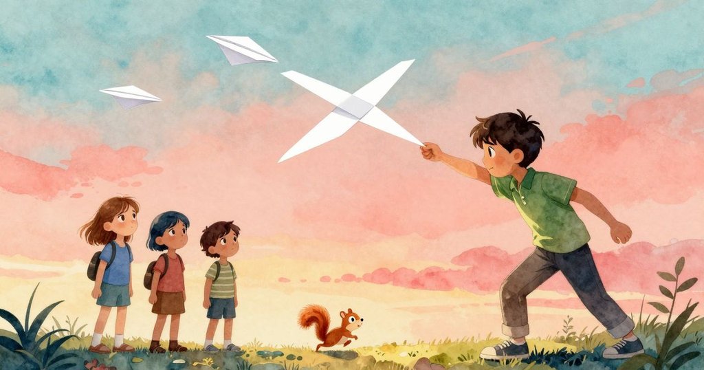 天空中紙飛機交叉成X,亞絲翠與賽勒斯滿懷滿足靜觀,松鼠靈巧搶橡果,結局溫馨自然