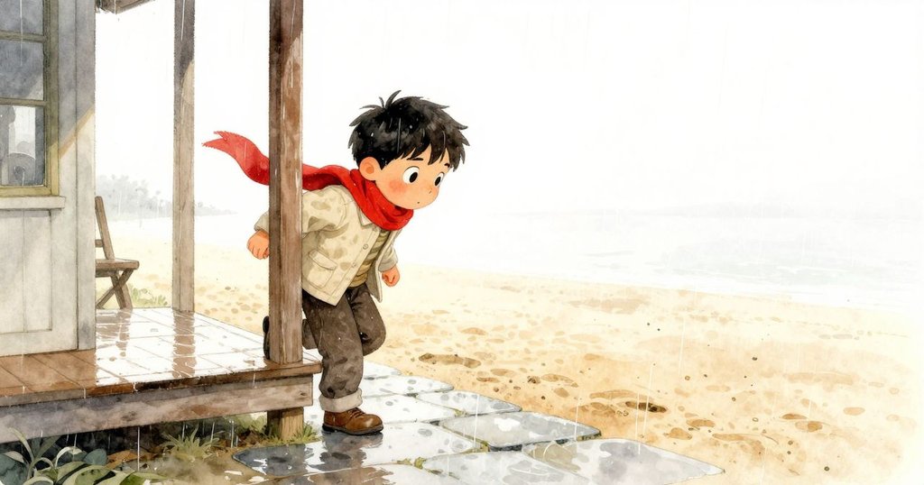 Hugo走出門口,雨滴輕敲屋頂,他踏上石板路,神情充滿期待,背景為濕潤的屋簷和反光石面。