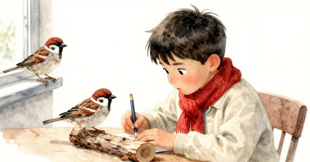 Hugo在桌旁檢查記錄本與鉛筆,旁邊的屋簷鐵管上麻雀靜靜棲息,雨天氛圍溫柔平和。