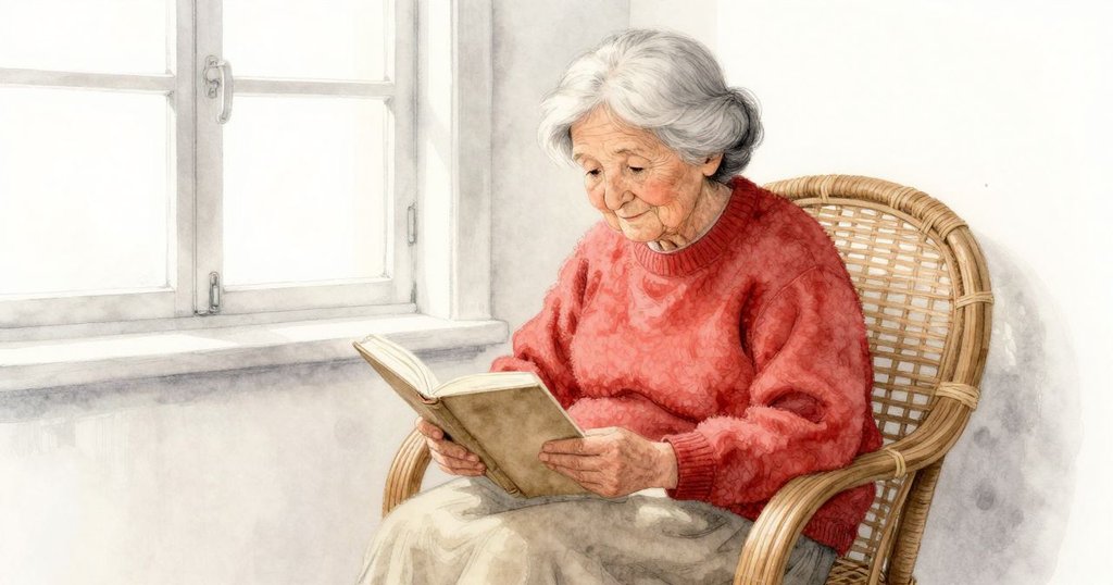 Hugo的祖母坐在藤椅上靠窗閱讀,柔和光線灑入室內,她溫柔的表情顯示雨勢漸緩。