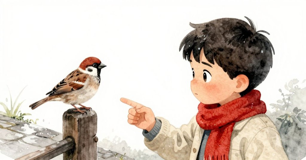 全景展示雨天中屋檐下的景象,Hugo與麻雀在自然元素中互動,石板路上反射雨光,呈現寧靜意境。