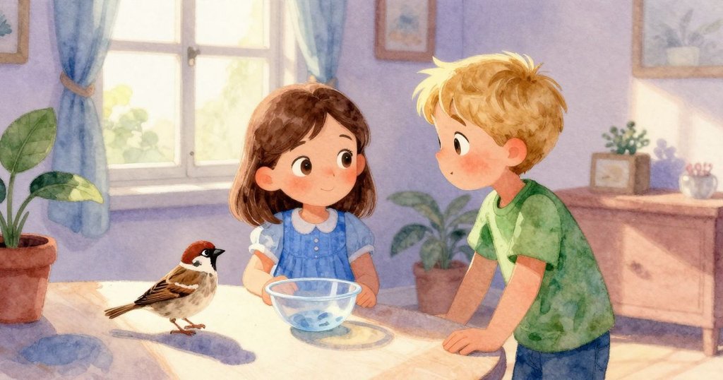 莉莉與尼爾斯在明亮室內桌邊進行遊戲，麻雀停在塑料碗邊，環境充滿自然陽光與柔和陰影。