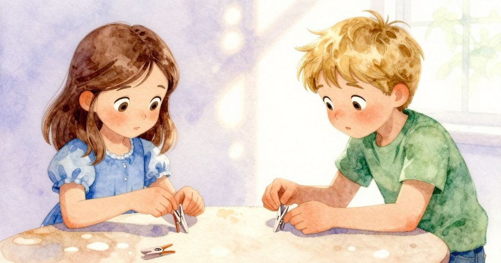 畫面左右分割呈現，莉莉輕取毛氈夾子，而尼爾斯檢視厚重金屬夾，麻雀靜觀桌邊動作。