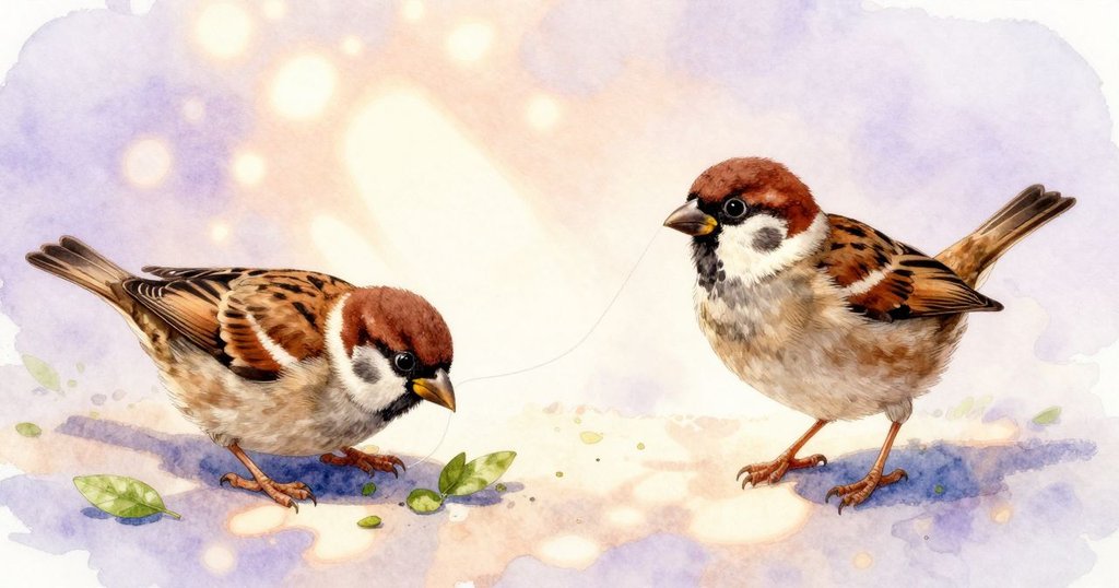 畫面左側呈現麻雀啄食線頭，右側展現線條夢幻舞動，溫暖燈光與柔和光暈交織出奇妙對比。