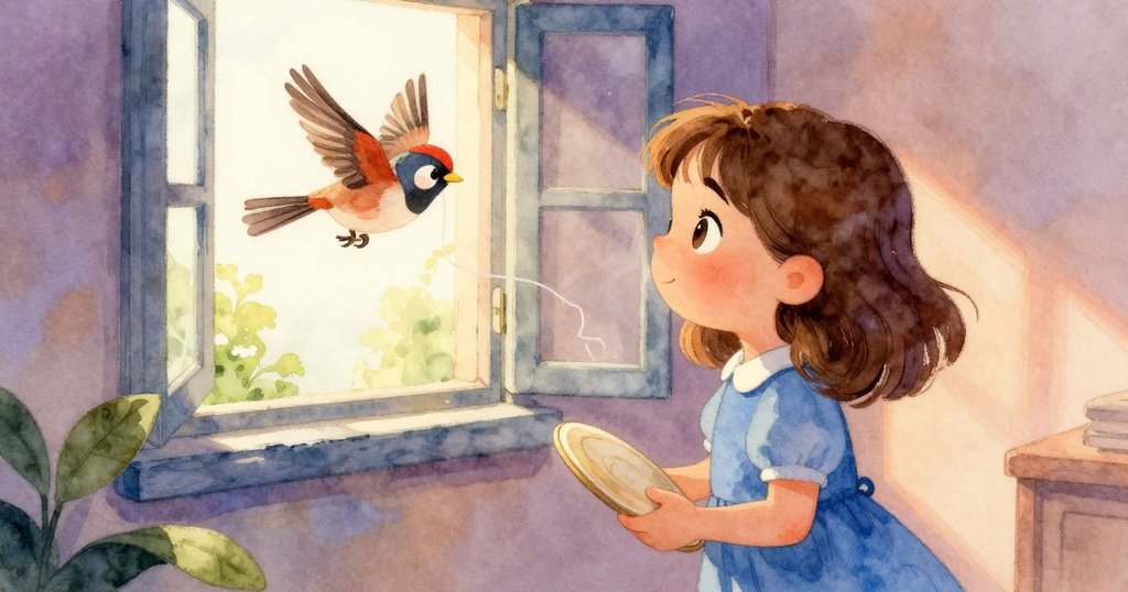 莉莉手持光盤，眼神關注，麻雀帶著線頭飛出開啟窗戶，溫暖室內光線映襯持續未完的故事。