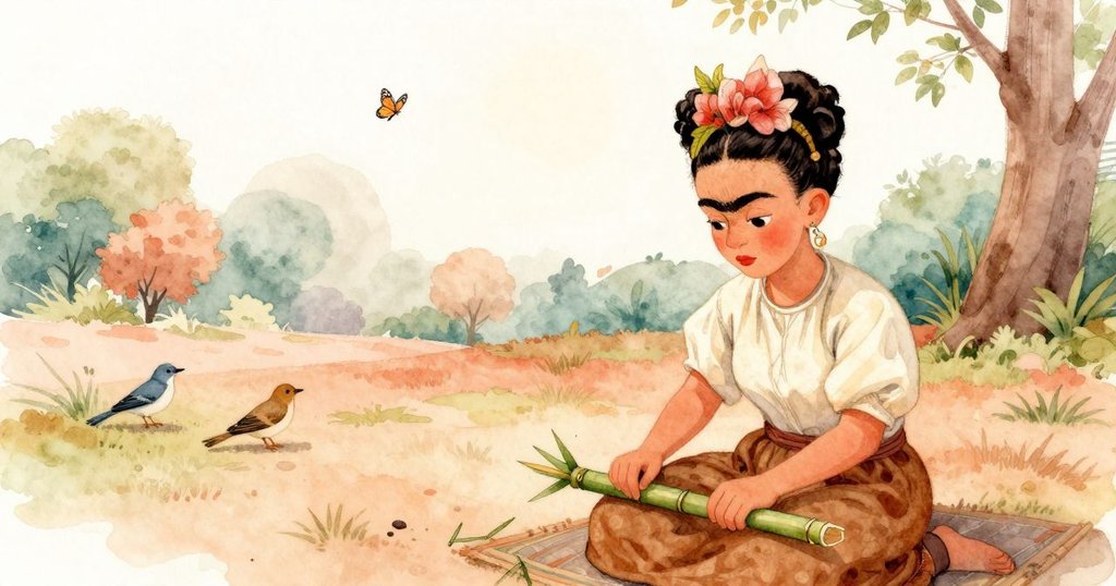 弗里達在公園清晨用砂紙打磨竹片，背景有鳥類和蝴蝶聚集，充滿自然好奇與溫暖氛圍