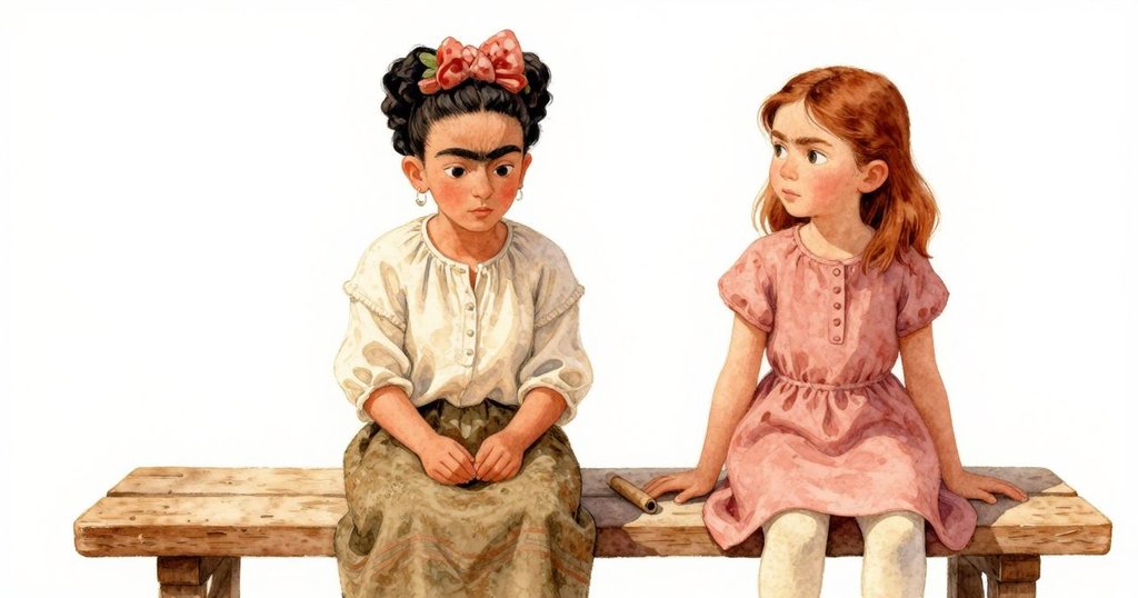 弗里達和海蒂站在老舊長椅旁，弗里達握著砂紙，海蒂微笑示意交易，桌上工具對比明顯，光線溫暖