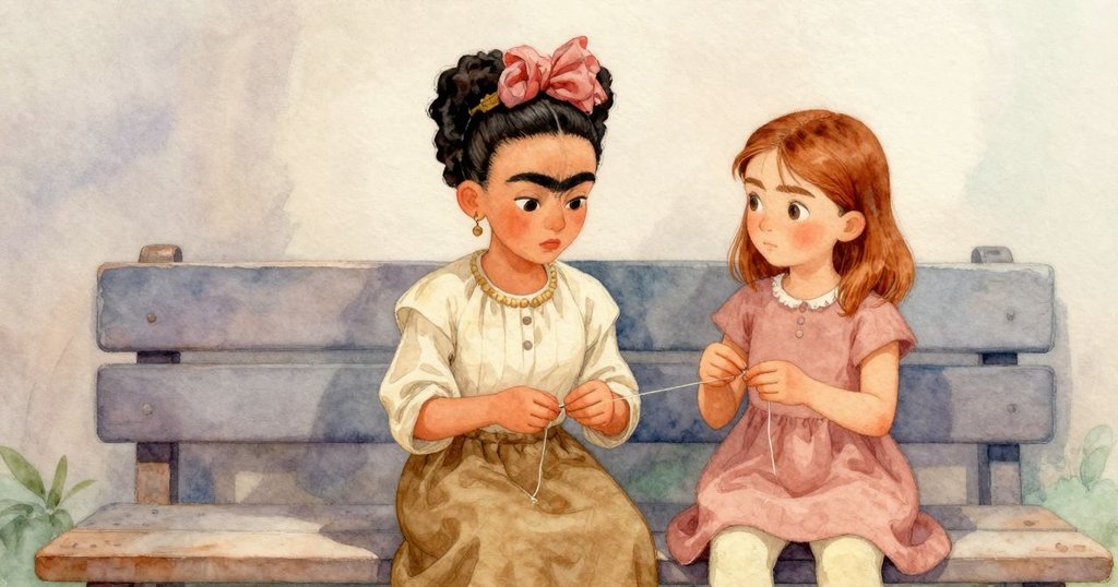 弗里達在戶外長椅上用棉線繞繩打結，海蒂在旁靜靜觀看，現場充滿層次與暖光，微塵飛揚