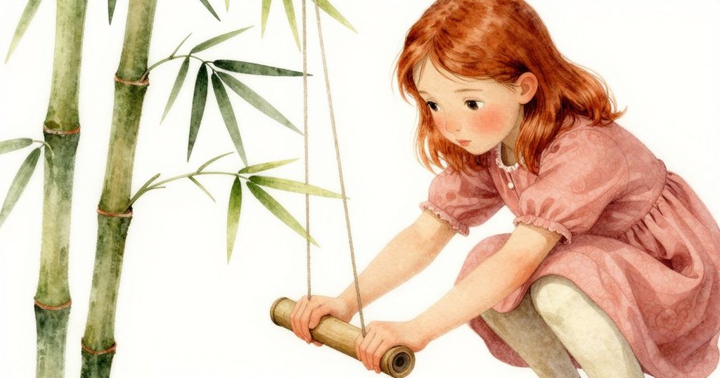 海蒂近距離注視竹片上的隱藏拱門，手中轉動圓棍，細微竹塵與光影交織，流露懷舊情感