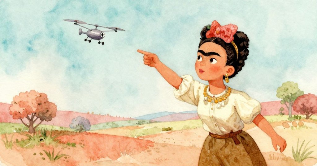 弗里達緊握棍子倒數發射小型飛行器，飛行器飛起彎曲，背景草地隨風搖曳，動感瞬間定格