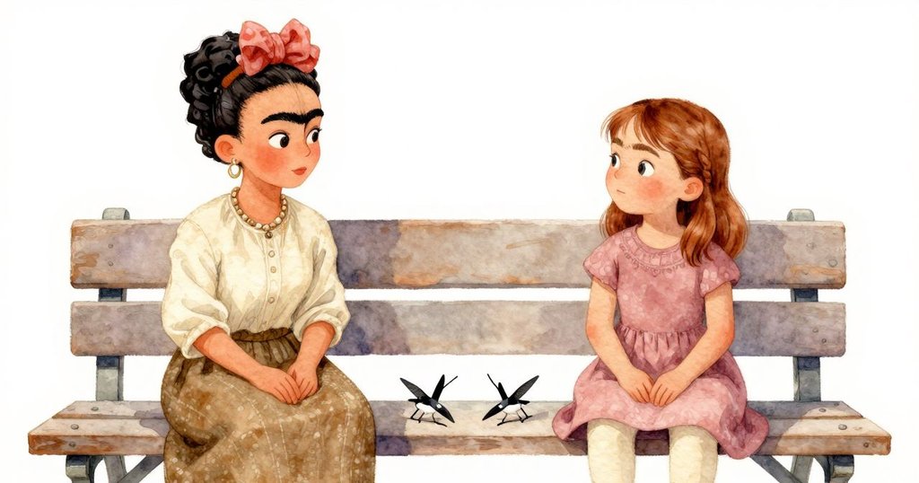 弗里達與海蒂站在長椅旁，彼此交換微笑與眼神，完成創意飛行器，場景溫暖安詳，彼此信任