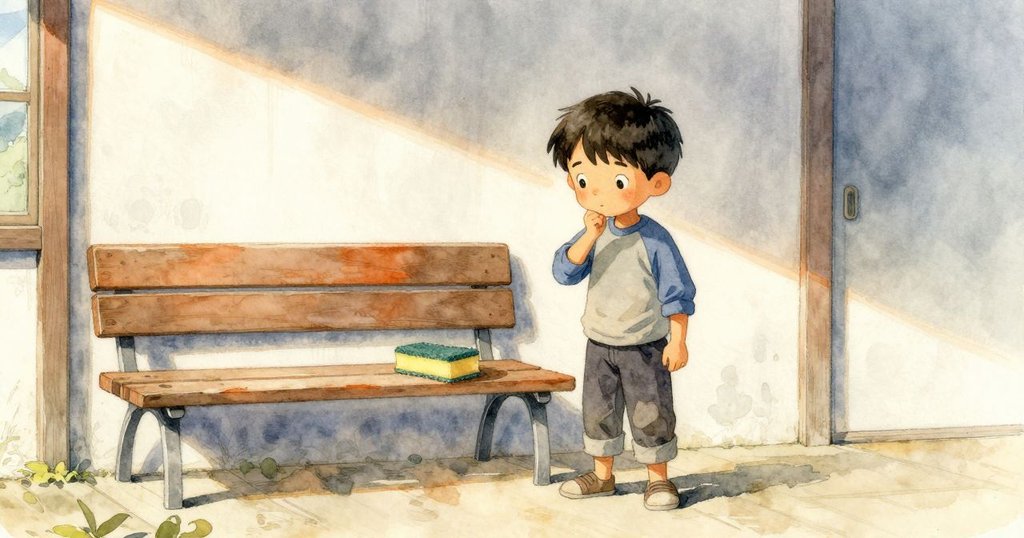 Jasper在室內走廊感受空缺的海綿位置,神情專注,早晨柔光中展現思索開始。