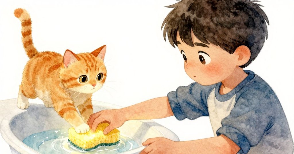 Jasper彎腰伸手從水盆中抓取泡沫豐盈的黃色海綿,水珠閃耀,細節生動展開發展。