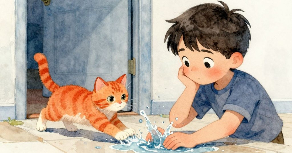 透過半開門觀察到Jasper專心清潔,背景中Poppy迅速逃離水滴,展現故事發展中的意外動感。