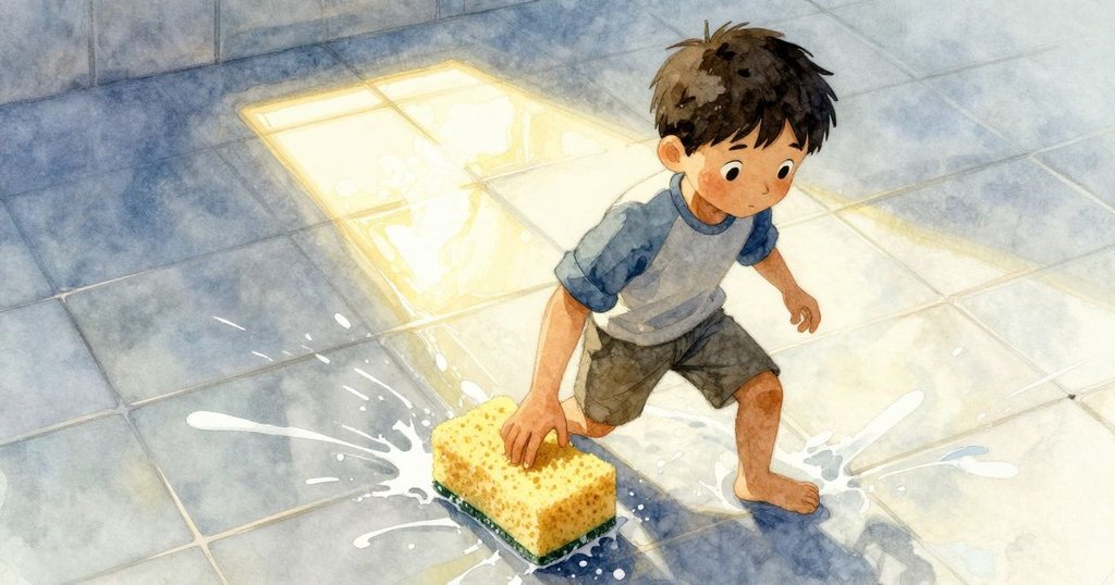 Jasper奮力運送滴水海綿,水花四濺在瓷磚上,動態情景展現高潮時刻與專注神情。