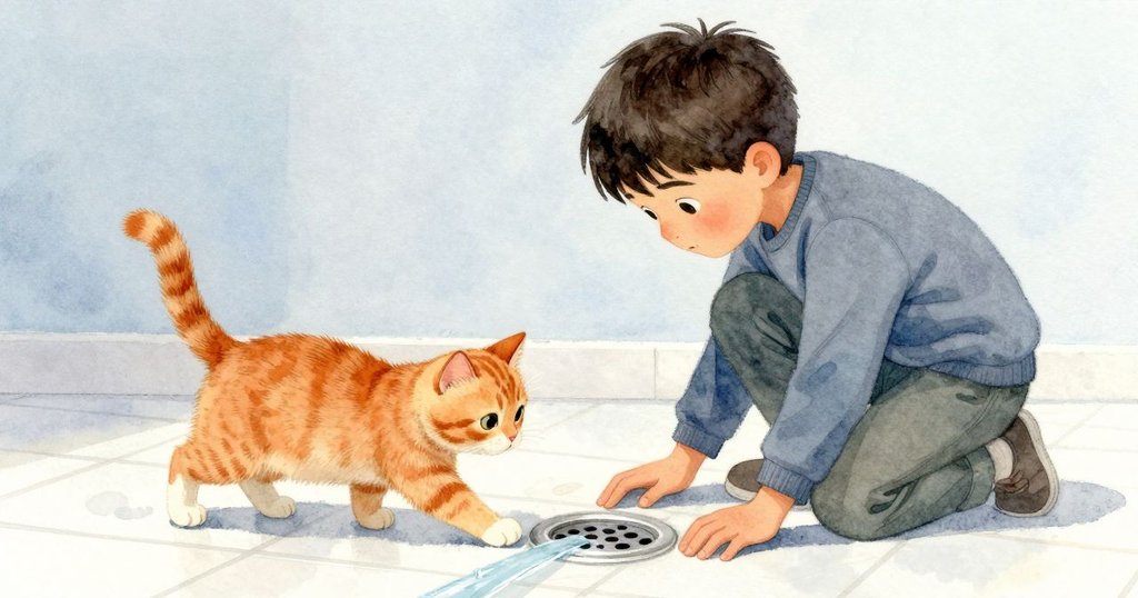 Jasper完成清潔後靜立欣賞瓷磚,水流緩緩入排水口,Poppy回歸觀察,寧靜與結局氛圍呈現。