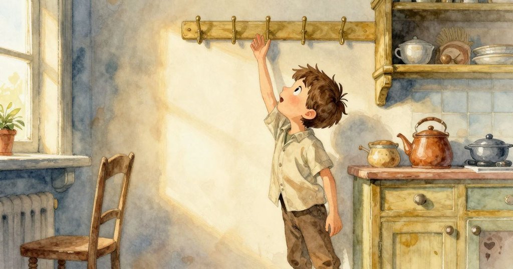 拉法瑞提在溫馨廚房中伸手尋找缺失湯匙,背景明亮,神情充滿好奇