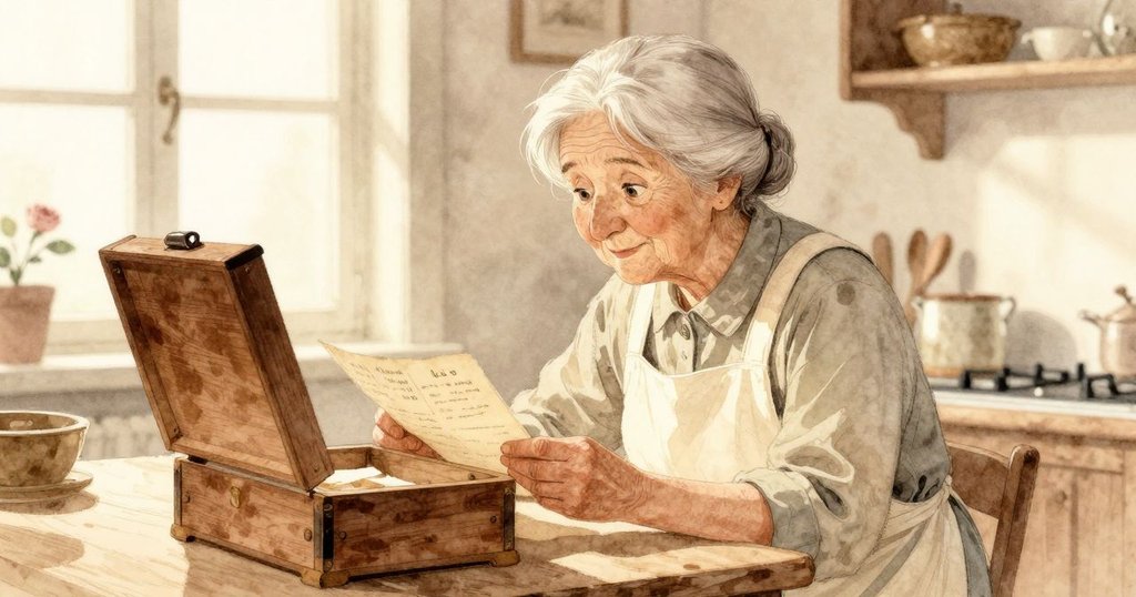 奶奶在溫馨廚房計量檯旁閱讀筆記,古董木箱中滴水湯匙靜置,空間充滿溫暖氣息
