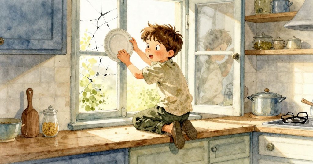 拉法瑞提站在窗邊取盤,窗中映出他的神情與一隻啄糖雀飛舞,氣氛愜意