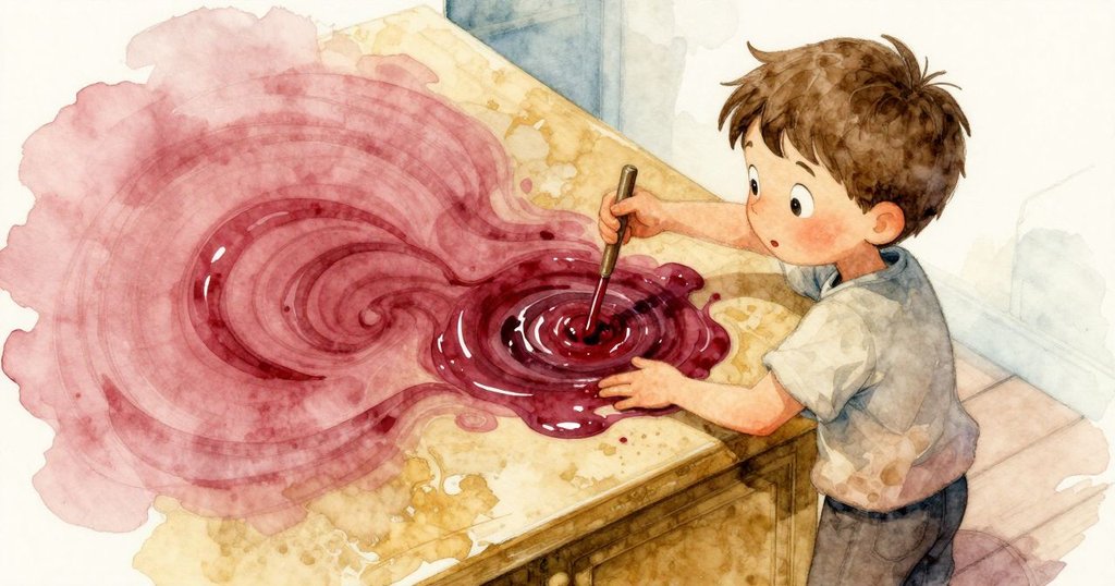 拉法瑞提用木湯匙攪拌紅色濃稠混合物,液面形成抽象漩渦,廚房散發微妙魔幻氣息