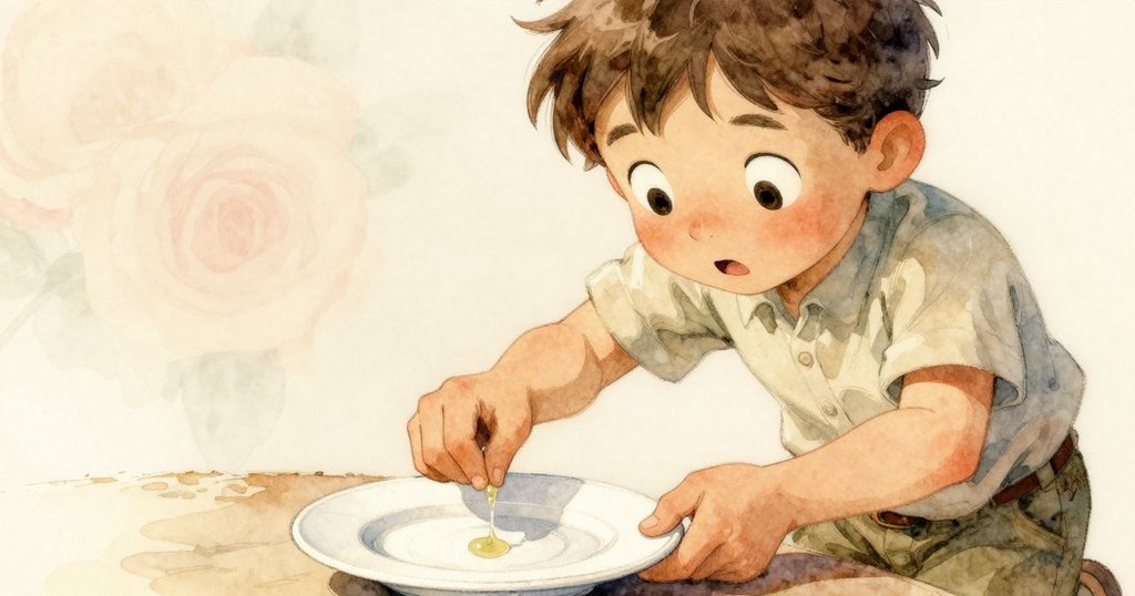 拉法瑞提專注地將一滴混合物放在白瓷盤上,手部微顫表情堅定,燈光溫暖聚焦於細節