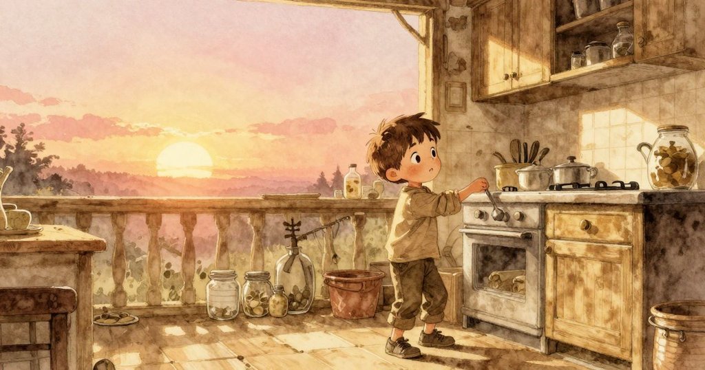 拉法瑞提將湯匙放下,看著整齊排列的罐子,廚房裡夕陽金光灑落,樹雀輕舞,氛圍溫馨告別