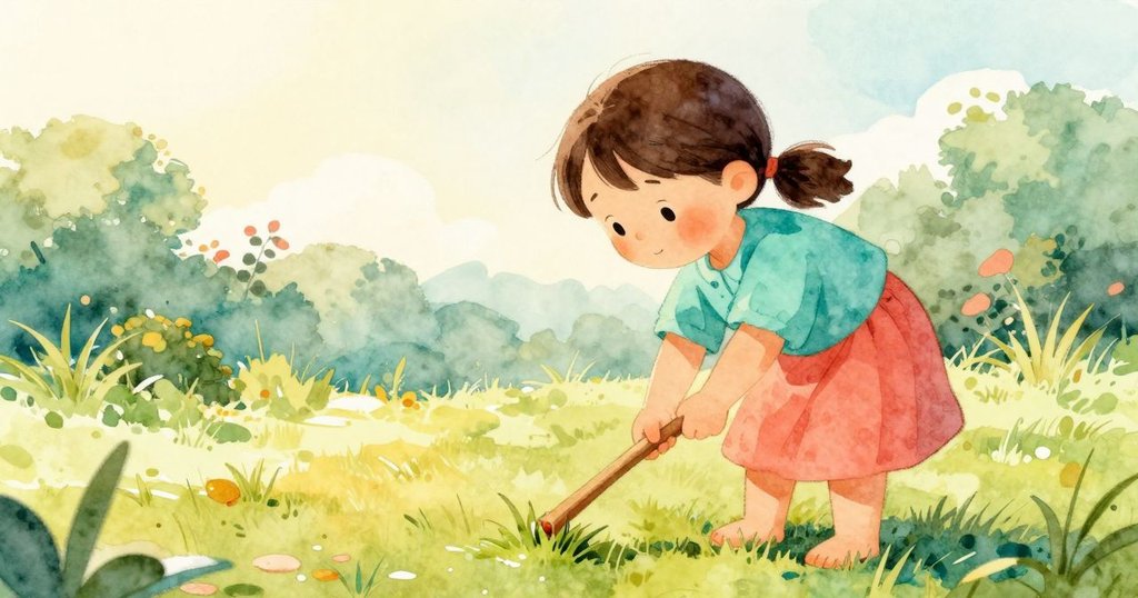 Nell在清晨柔和光線中蹲在濕草上翻弄木棍，背景中有溫暖微光的花園燈，展現出溫柔的輪廓。