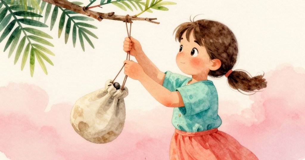 Nell在戶外用繩子纏繞樹枝製作鞦韆，斟酌著加上平石穩住結點，旁邊破舊市集袋隨風飛舞。