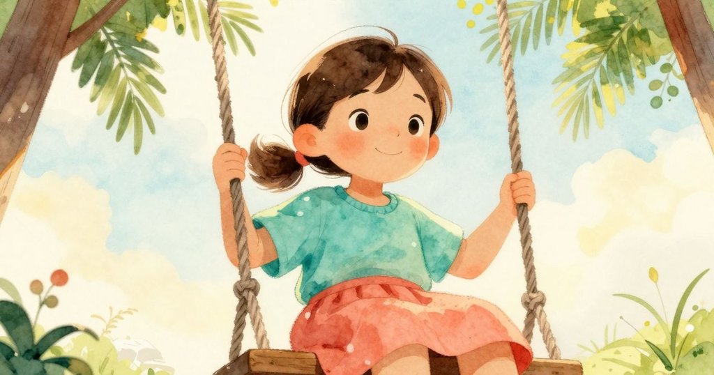 從玩具鹿視角看出去，Nell正細心地調整鞦韆，柔和的陽光灑在濕潤草地上，營造出生命律動的感受。