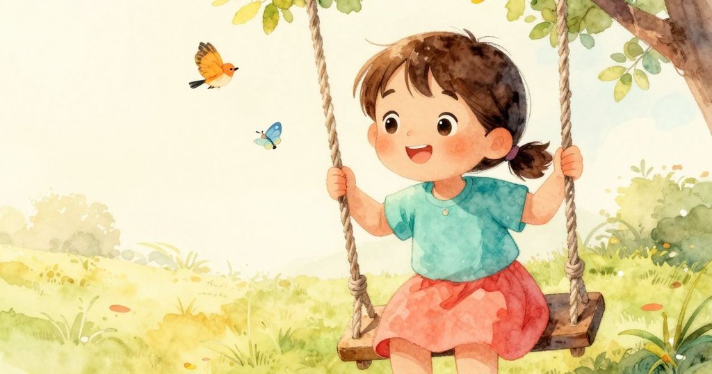 Nell滿臉喜悅，望著輕輕搖曳的鞦韆，周圍飛舞著小鳥和彩蝶，充滿慶祝與生機的氛圍。
