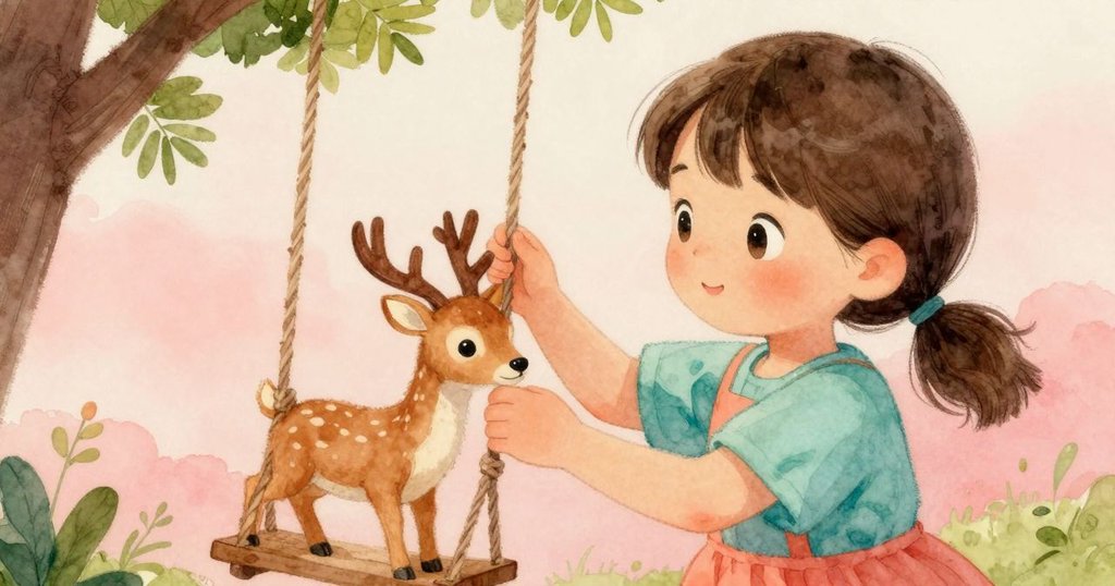 Nell溫柔地將玩具鹿放入鞦韆，手部特寫展現細膩動作，在柔和晨光中呈現完成創作的溫情一幕。