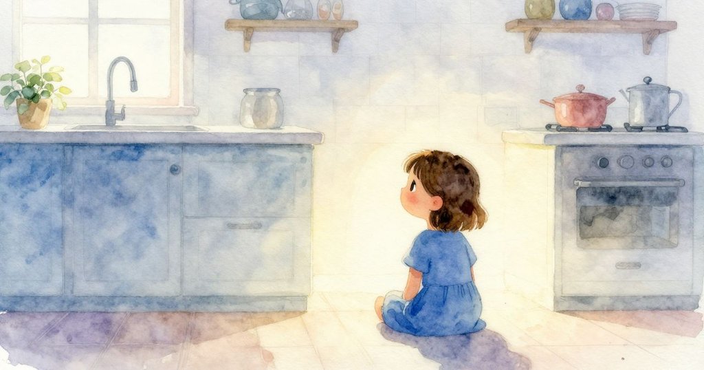 Britt坐在光線柔和的廚房內，以剪影形式呈現，背景明亮櫃檯映出滴水聲，她充滿期待與好奇的眼神展露無遺