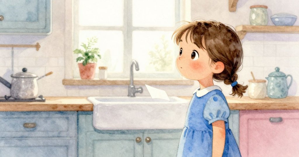 Britt在溫暖廚房中微笑著伸手接過滑動的邀請卡，光線映照下邀請卡散發柔和光芒，散發家居溫馨氣息