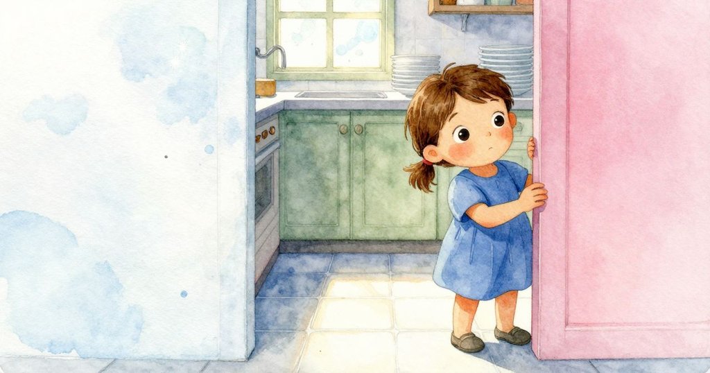 在廚房隱密角落中，成人細心堆疊盤子，Britt在一旁靜靜觀察，冷瓷磚與窗外微光交織出温馨畫面