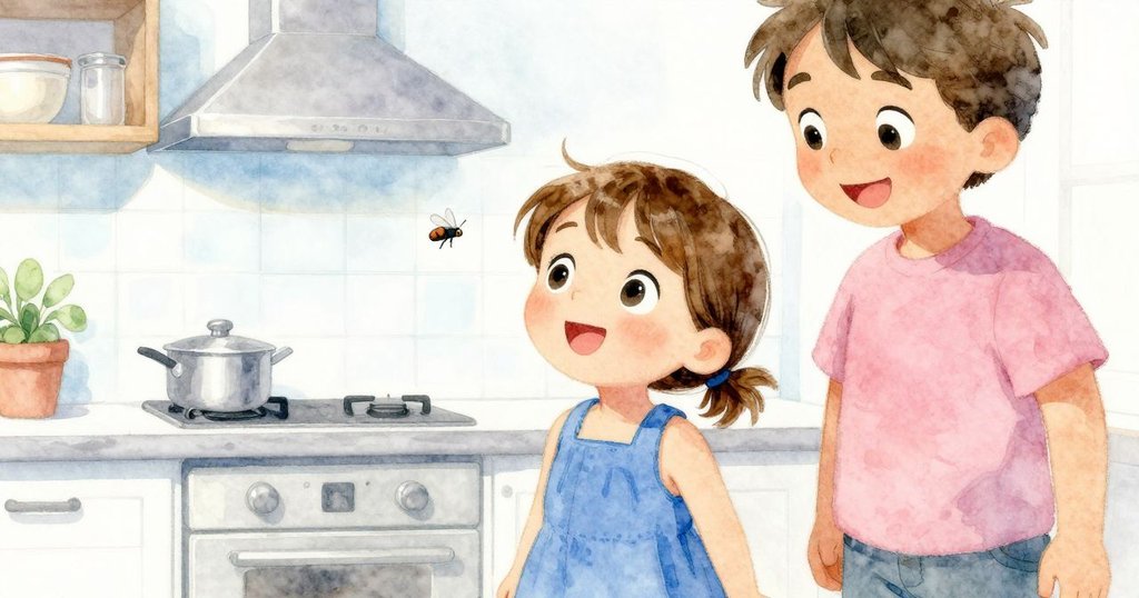 Britt與成人在明亮廚房中共享喜悅，雙雙展露愉悅笑容，小蒼蠅輕舞，溫暖光線襯出慶祝氛圍