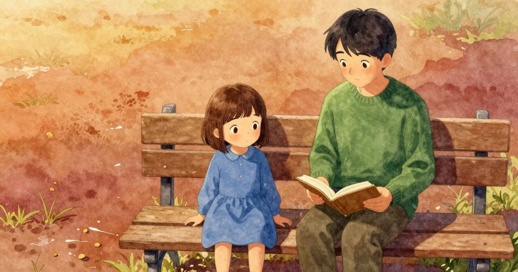 普璐坐在木椅上, 上方俯瞰濕潤大地與晨光, 大人於台階上閱讀, 環境溫暖安靜